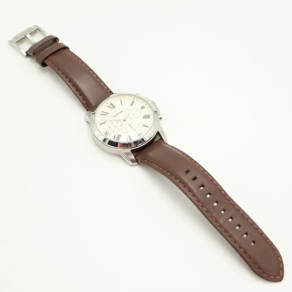 Fossil Grant Beige 44mm Chronograph Watch Brown Leather FS-4735 w New Battery